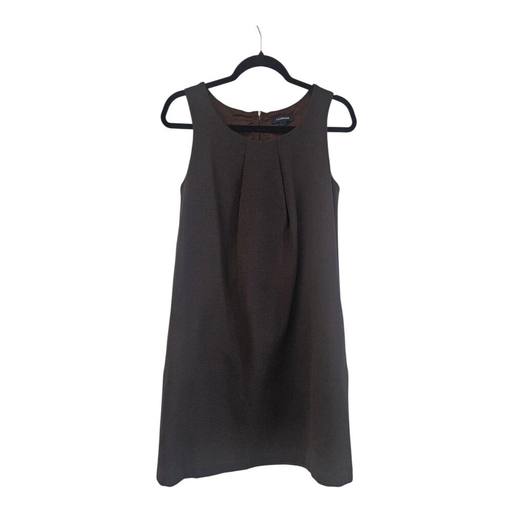 Lands’ End Sleeveless Shift Brown Dress Pockets Front Pleat Stretch Size 8